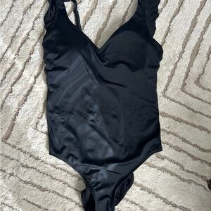 Time and Tru Black One-Piece V-Neck Swimsuit XL EUC